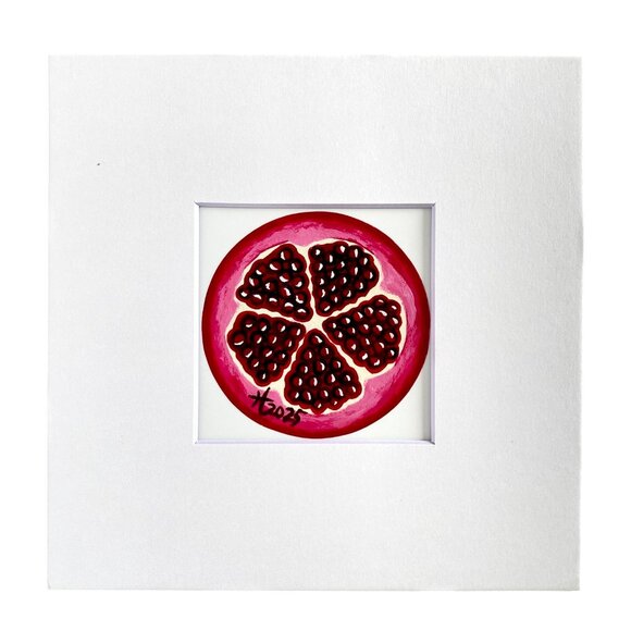 Art Print of Pomegranate Acrylic Painting 8x8in White Mat Frame Ready - Picture 2 of 3